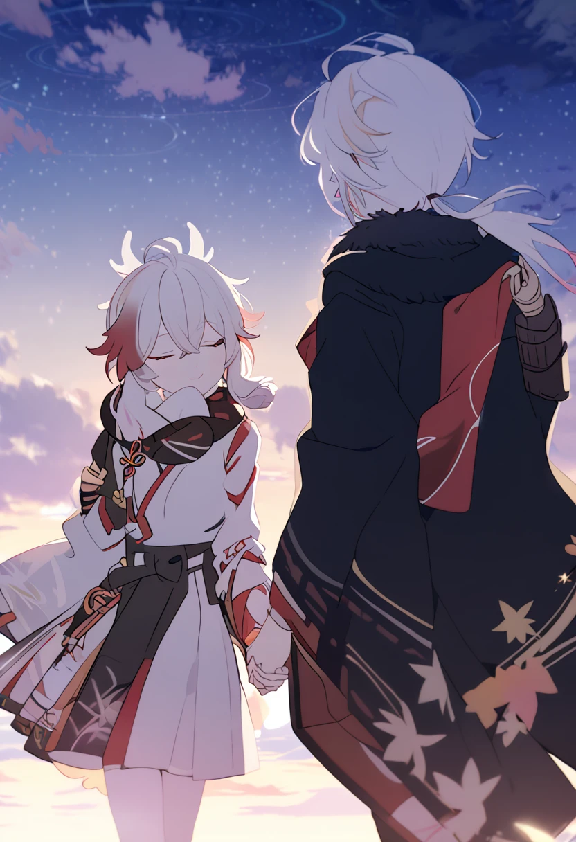 A couple, walking holding hands, under the stars, beautiful sky, 1 girl, Columbina, closed eyes, black fur, wide, 1 chico, Kaedehara Kazuha, white hair with a red streak,