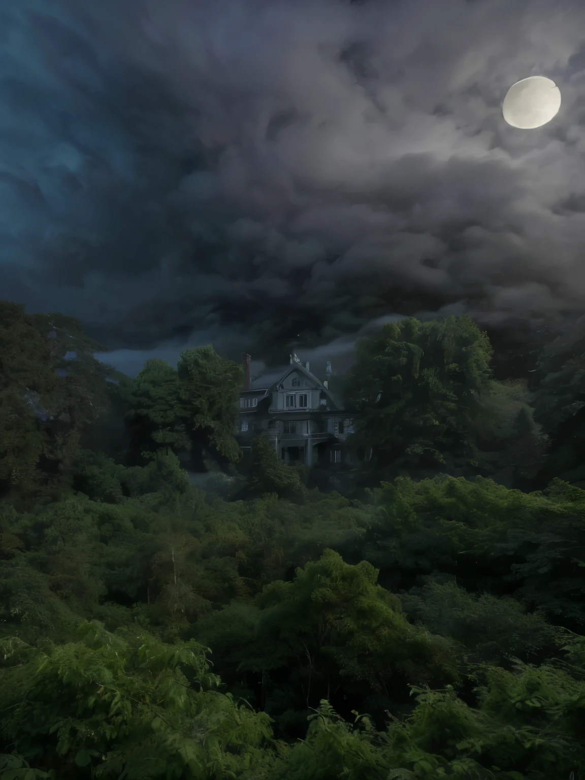 (highest quality:1.2, masterpiece), 8K, Professional Lighting, Cinematic Lighting, RAW Photos, Ultra-realistic photos, hyper detailed portrait, Dogs, (((white flat mansion surrounded by dead trees, ultra realistic exterior of white spooky mansion in deep spooky forest, ultra detailed exterior of spooky mansion in deep spooky forest, vines, climbing ivy, dark atmosphere, mansion in gloomy forest, realistic fog, detailed mist))), (((((night atmosphere, mid night forest view, moon in cloud))))), 