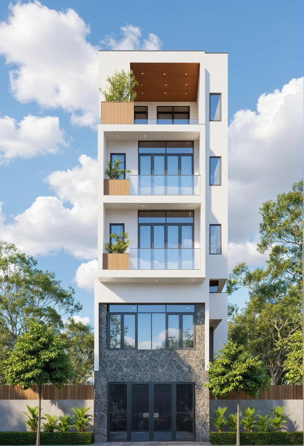 Photo brute,chef-d'artwork, high quality, best quality, authentique, Great detail,
Outside, en plein air, style de maison moderne dans la rue, glass windows, grille, plafond en bois,
route,pavement, des arbres, ciel, nuage, (day light:1.1)