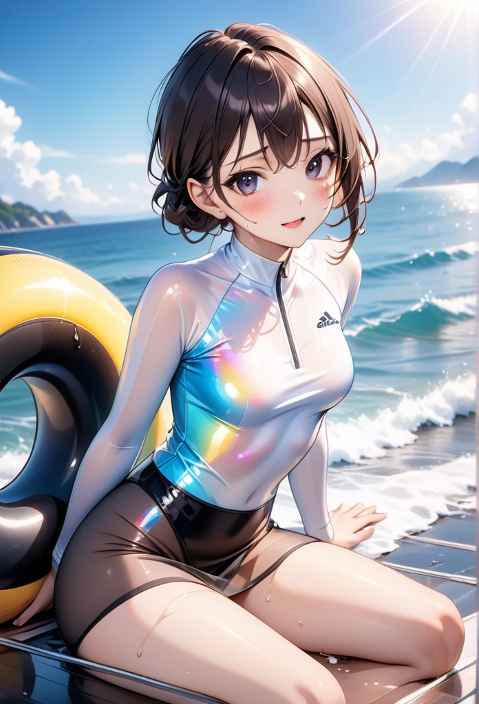 ((Lying on a rubber floating on the sea)), ((rash guard)), ((swimsuit sides see-through)), (((The swimsuit is a vivid color))), ((Mesh mini skirt)), holographic fabric, skindentation, skinny, solo, 1 woman, Masterpiece, highest quality, highest quality, 16K, incredibly absurd, highly detailed, 2.5D, ai-generated, delicate and dynamic, very delicate facial expressions, delicate eye depiction, erotic, only sexy woman, ((A cute and kind face)), healthy figure, 25-year-old woman, bride, 160cm tall, medium firm swaying bust, (dark hair), black eye, blush, Sweat,Embarrassed,sexy, ((thin thighs)), (Erect nipples:0.7),, ((shiny and lustrous)), facing straight at viewer, ((brown black skin)), ((Oily_skin)), sweaty skin, wet skin, (suntan), dutch angle, ((sexy pose)), Dynamic poses, ((Summer Sea)), Strong sunlight, ((sexy pose)),, ((Lying)), ((On the open sea)), Knee Up,