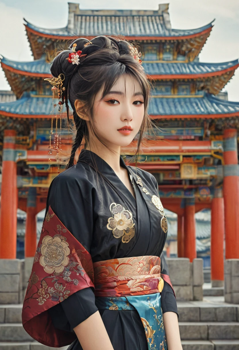 (best quality), girl,Oriental detailed background, Oriental cityscape, Steampunk, Shrine maiden