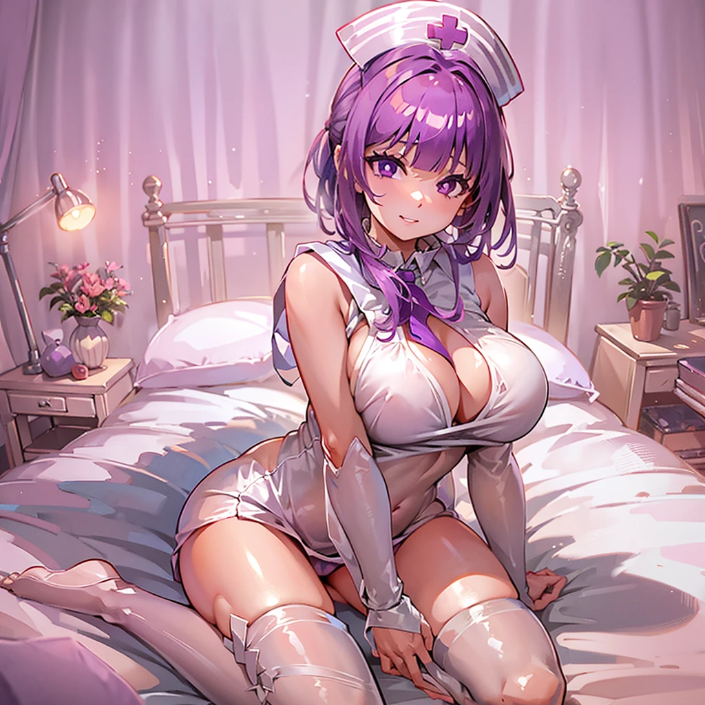 Fern, Long Hair, bangs, (Purple eyes:1.1), Purple Hair, Side Lock, blunt bangs, (Bright Eyes:1.5), Half Up,Big breast, BREAK, (score_9, score_8_up:1.1), score_7_up, 1girl,idol,NSFW, tan,light tan lines,
,enchanting smile,(sensual:1.5),
thin legs、get down on all fours、focus on the chest,(excess semen:1.2),
(shiny pink nurse:1.3),Glossy latex tights,bottomless,high heels,
(Pink Bed 1.5),((handjob))