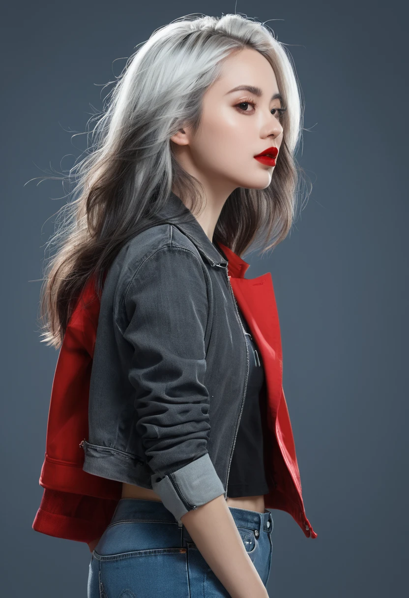 (Science Fiction Fantasy), (masterpiece), (Professional oil painting) (best quality), (8k resolution), (1 beautiful girl), ((Gray skin)), (Iron Gray Skin), ((jeans)),(Red Jacket)), ((Wear a black T-shirt underneath), ((Red lipstick)), ((Black sneakers)), (Concept Art), Small chest, (Long hair), (Messy hair), (White hair), (Iron gray hair), ((Have future weapons)), (ammunition), ((Moonlight at night)), (Sit and think))