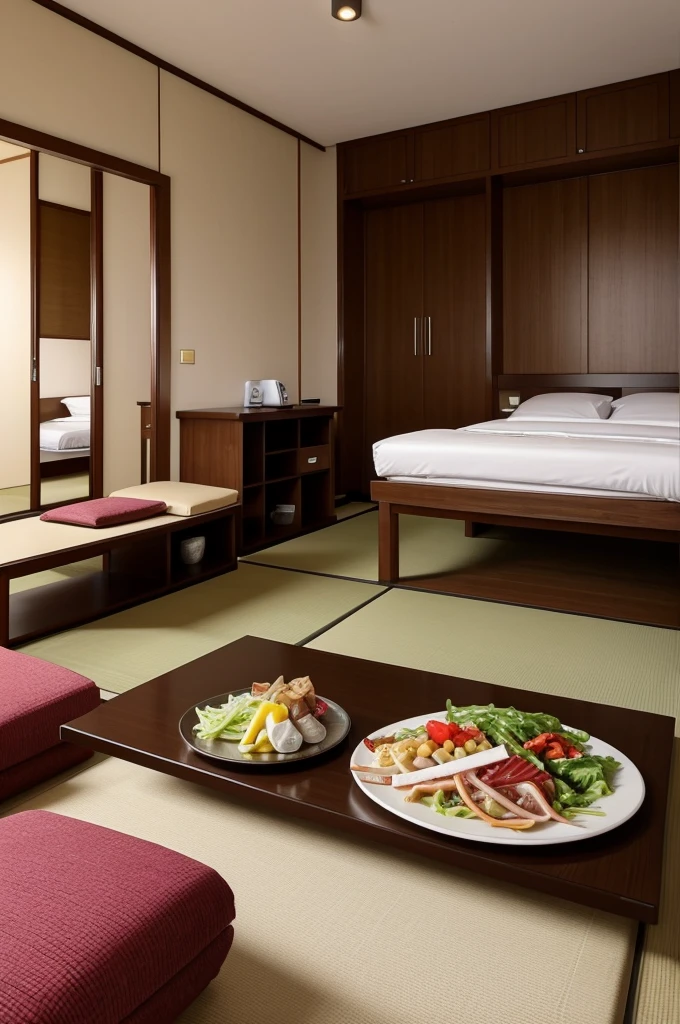 Zdjęcie raw, piękna japonka, siedząca przy oknie w pokoju hotelowym, ubrana jedynie w stanik i beżowe legginsy 