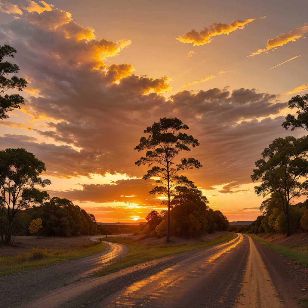 A dirt road winding through the northeastern hinterland, with the sun going down in the background, dyeing the sky in shades of orange and gold.