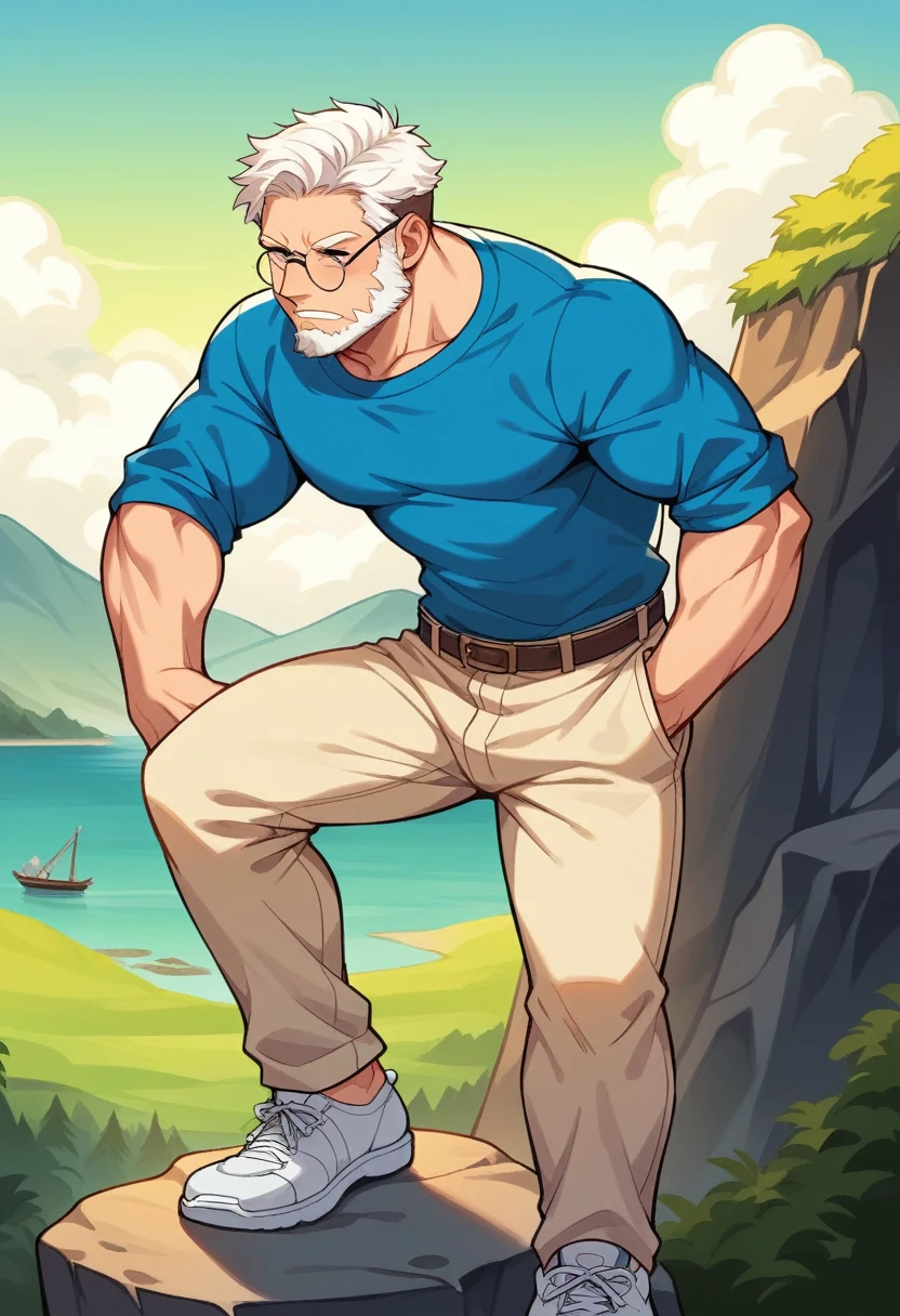 Create a high-quality anime-style image of a man standing on a rocky cliff by the sea.. man with white hair, beard, and wears round glasses. He wore a blue shirt., Beige pants rolled up at the ankles., and white sneakers. His expression was relaxed., With his hands in his pockets, Looking into the distance thoughtfully. The background consists of a clear blue sky filled with fluff., white clouds. cliff bottom, There is a calm sea with boats. and small coastal villages At the foot of the green mountain, mountainous terrain. Scenes that capture calm, A time to reflect, With bright colors and subtle shading. Emphasis on a quiet and contemplative atmosphere..