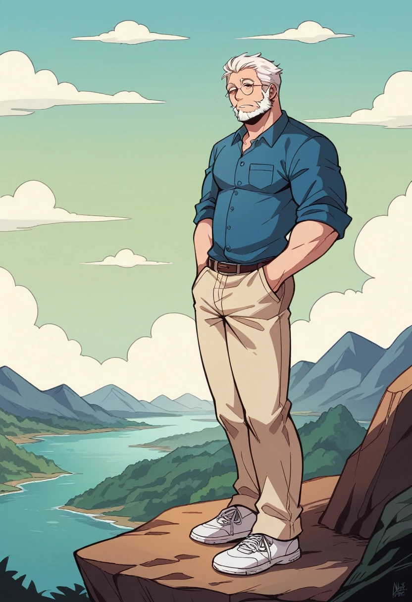 Create a high-quality anime-style image of a man standing on a rocky cliff by the sea.. man with white hair, beard, and wears round glasses. He wore a blue shirt., Beige pants rolled up at the ankles., and white sneakers. His expression was relaxed., With his hands in his pockets, Looking into the distance thoughtfully. The background consists of a clear blue sky filled with fluff., white clouds. cliff bottom, There is a calm sea with boats. and small coastal villages At the foot of the green mountain, mountainous terrain. Scenes that capture calm, A time to reflect, With bright colors and subtle shading. Emphasis on a quiet and contemplative atmosphere..