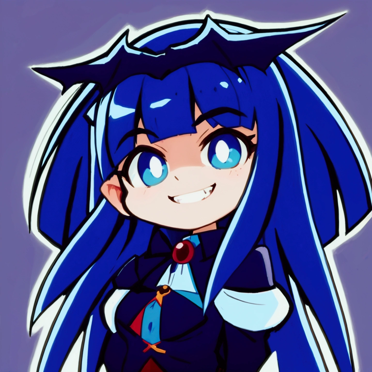 Close-up of a cartoon character with blue hair and blue outfit, anime moe artstyle, 2D anime style, [[[[grinning evilly]]]], , cel - shaded art style, I&#39;ll do fanart too, nasty grin, hero 2d fanart art, chibi, vampire