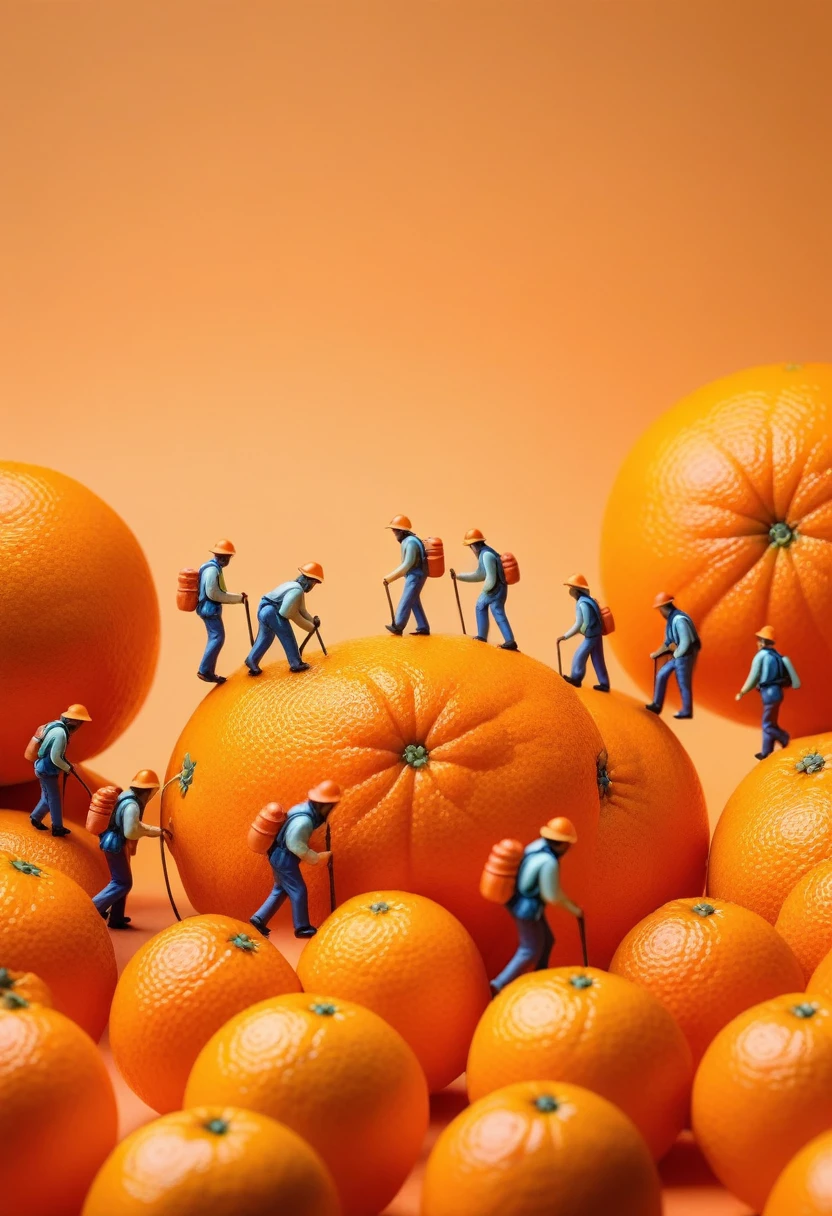 miniature food photography, A group of picking workers, hiking among giant orange, orange background, soft color blending,in a surreal photography style, bright studio light, minimalist