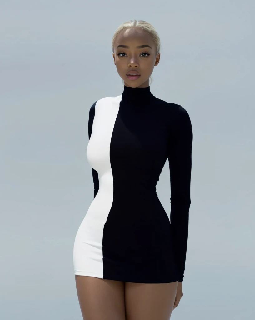 (Beautiful teen girl, Sonequa Martin-Green, Dove Cameron, Laura Harrier, Peyton List), Wearing tight white and black cotton-Lycra-fabric long sleeve mini dress, round breasts, slim waist, big hips, beautiful soft thighs, beautiful legs,(HDR, 8K, vivid, vibrant, detailed: 1.4), (hyper realistic, movie graphics)