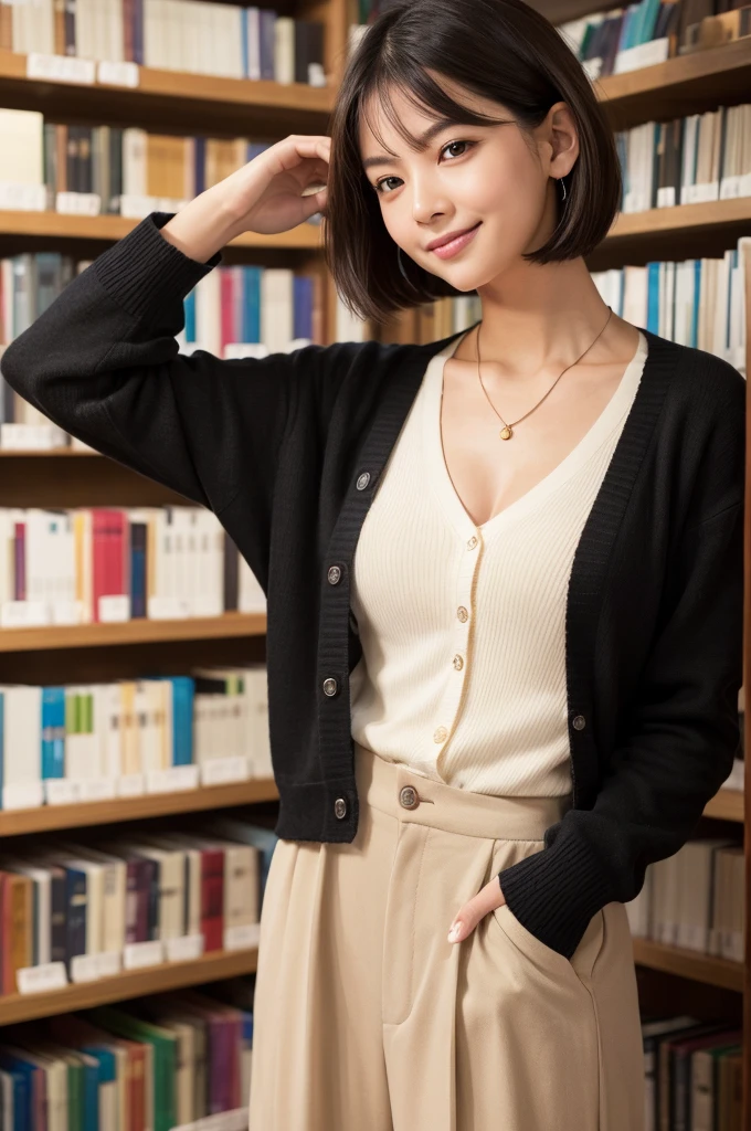 (Highest quality, 8K, masterpiece: 1.3)), concentrated: 1.2, Perfect Body Beauty: 1.4, ((Layered Haircut,Small breasts: 1.2)), (library:1.3), (cardigan,Wide-leg trousers : 1.3) ,valley,　A shy smile,Highly detailed face and skin texture, Simple Necklace, (Beautiful, clear black eyes:1.3), double eyelid ,White skin, medium brown color bob hair, golden ratio, (shut up: 1.3),