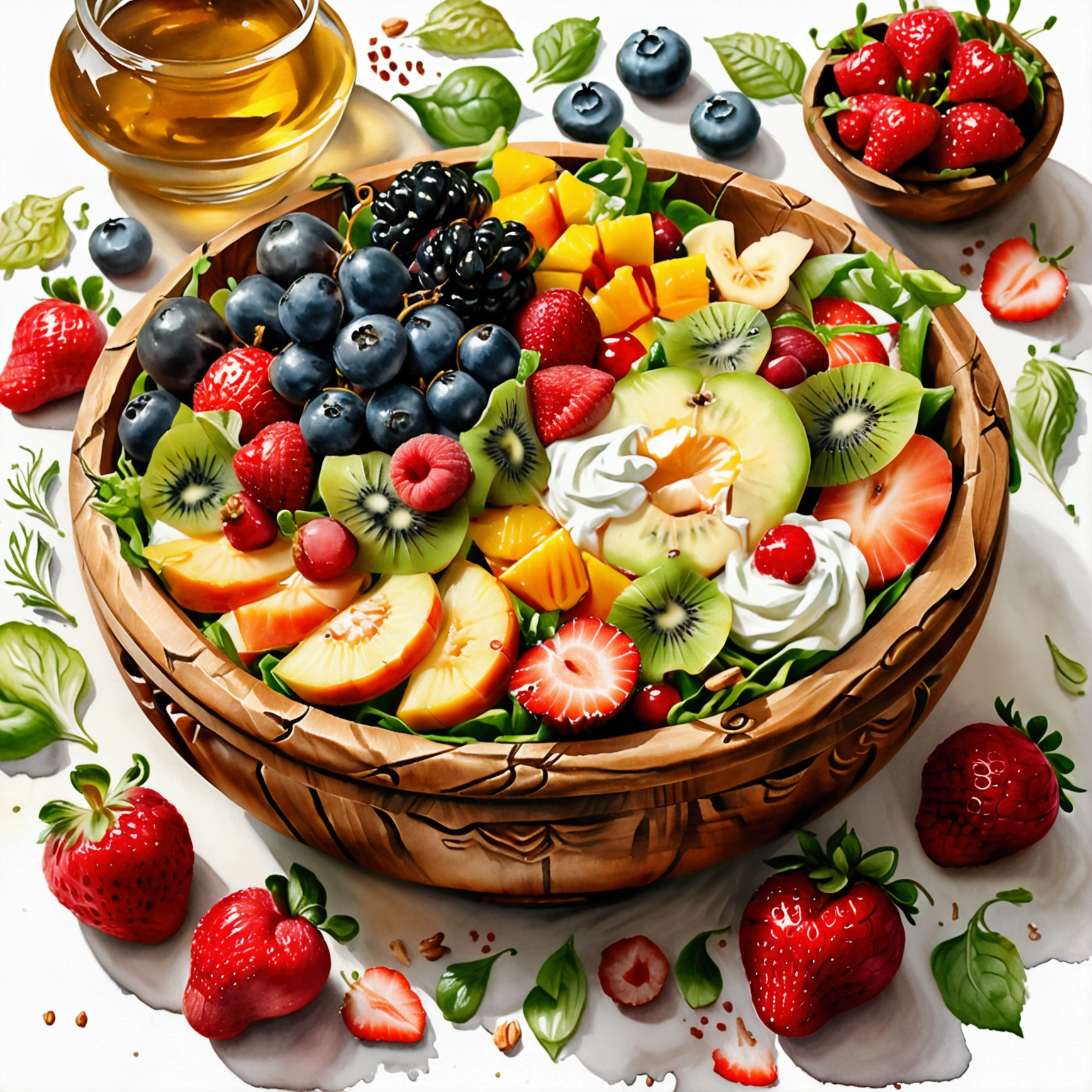 There is bowl of salad made of different fruit , fresh and creamy, with white cream and mayonnaise, served in classy medieval age wooden bowl, illustration, baking ingredients, isolated with solid white background, surrounded with negative space, centered composition, 8k, highest detailed painting, very precise painting, Isolated, clear solid white background, perspective angle of view, ((watercolor:1)), clip art, (lora:add-detail-xl:1), (masterpiece), (best quality), no bread on the floor,