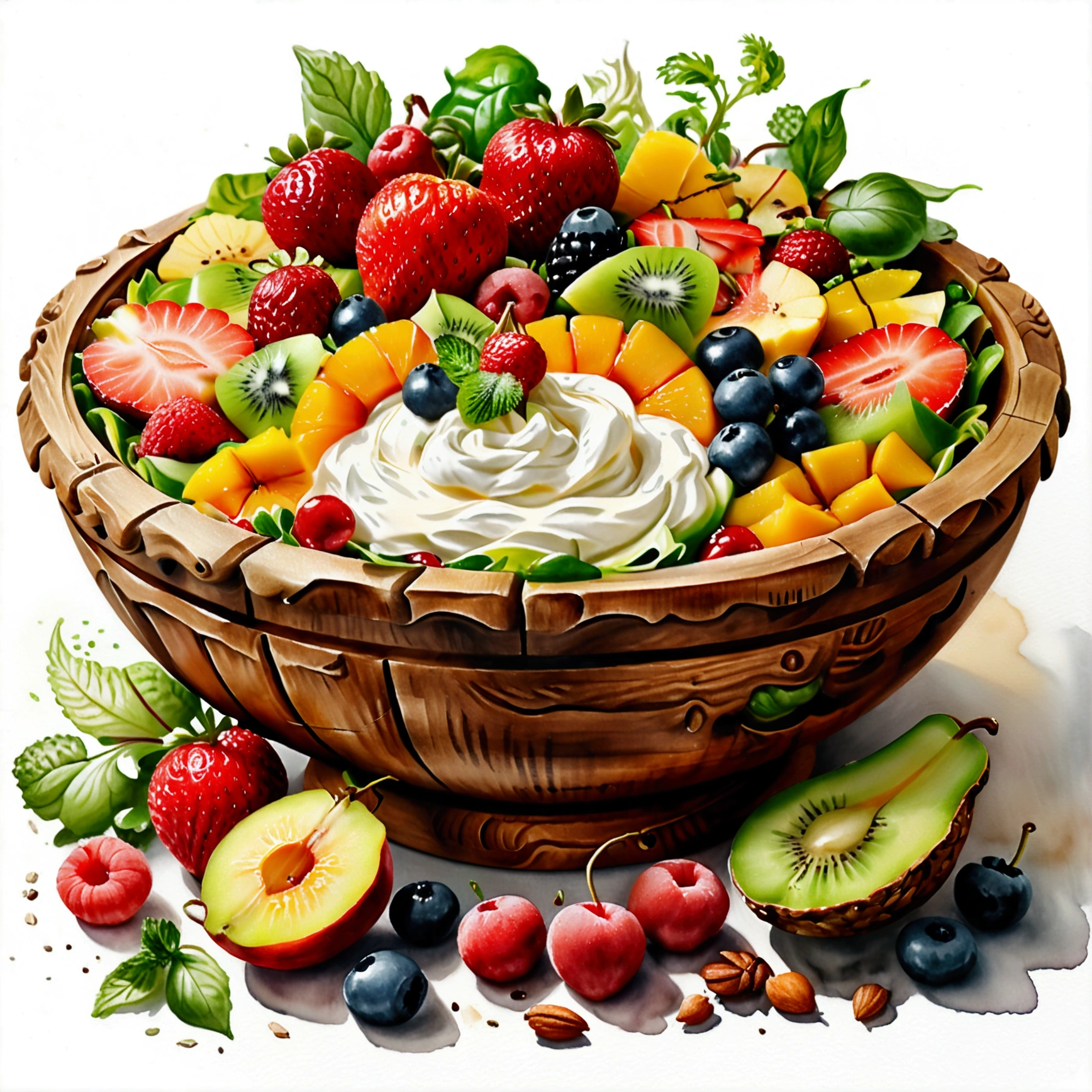 There is bowl of salad made of different fruit , fresh and creamy, with white cream and mayonnaise, served in classy medieval age wooden bowl, illustration, baking ingredients, isolated with solid white background, surrounded with negative space, centered composition, 8k, highest detailed painting, very precise painting, Isolated, clear solid white background, perspective angle of view, ((watercolor:1)), clip art, (lora:add-detail-xl:1), (masterpiece), (best quality), no bread on the floor,