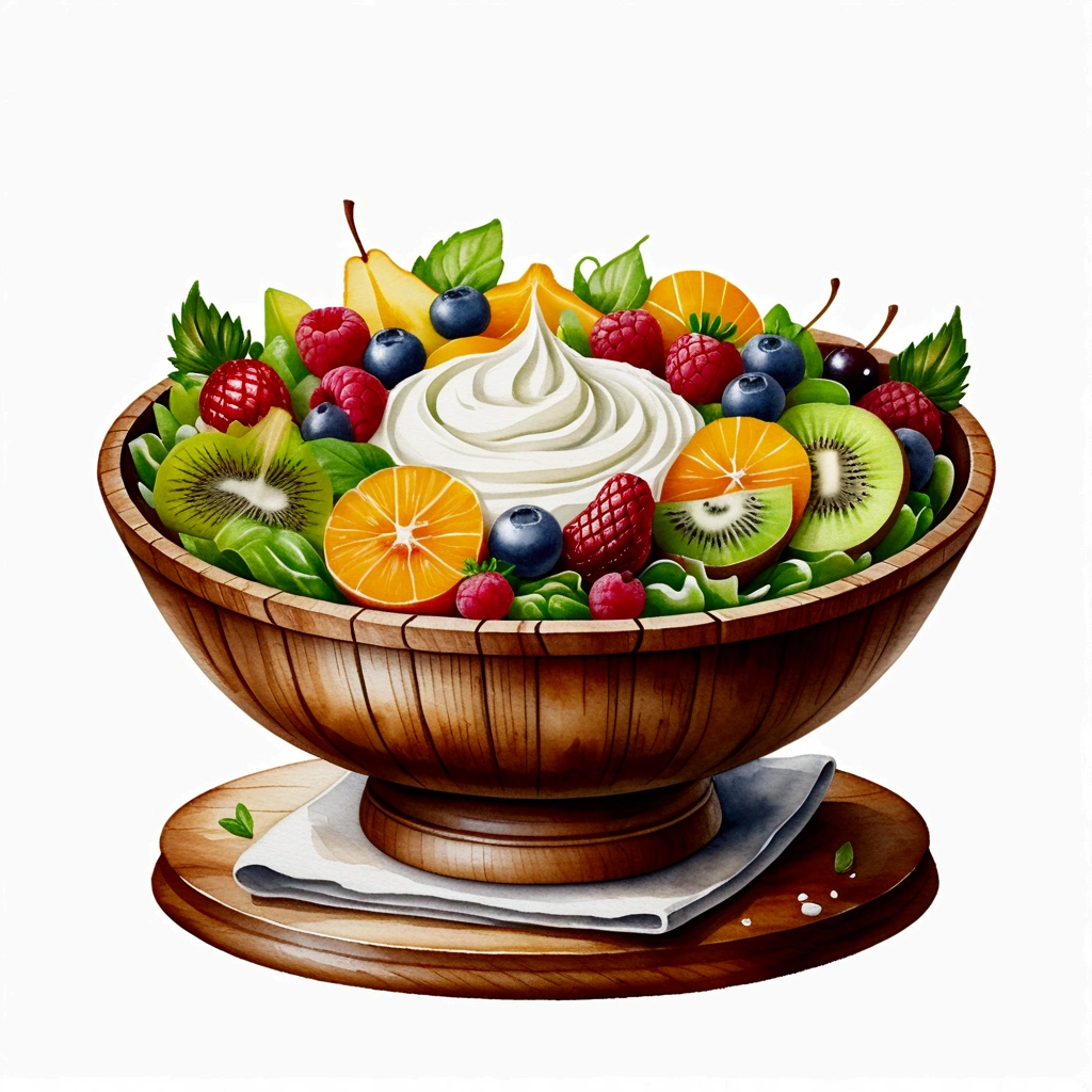 There is bowl of salad made of different fruit , fresh and creamy, with white cream and mayonnaise, served in classy medieval age wooden bowl, illustration, baking ingredients, isolated with solid white background, surrounded with negative space, centered composition, 8k, highest detailed painting, very precise painting, Isolated, clear solid white background, perspective angle of view, ((watercolor:1)), clip art, (lora:add-detail-xl:1), (masterpiece), (best quality), no bread on the floor,