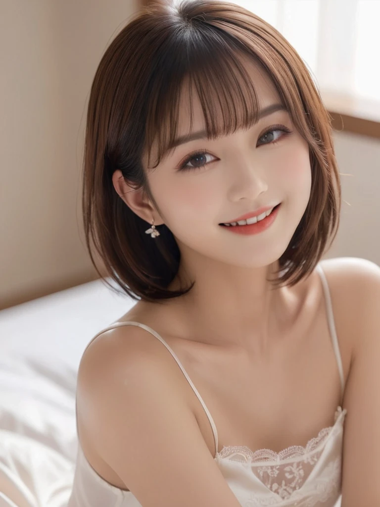 Masterpiece, High Quality, High Resolution, (Super Detail) ), (Wallpaper), ((Face) Detail),masterpiece, One woman per photo, Full Body Shot,Underarm、 Composition looking down at the subject from above, Young and beautiful woman in Japan, Smiling super cute face, short hair, She is wearing a sleeveless white silk satin chemise with white lace.,White panties、 Small breasts、skinny、Glossy Lips, Attractive person, She is lying on her back on a silk bed with her legs spread apart, Silk pillow, Silk bed sheets, Double eyelids on both eyes, Natural Makeup, Long eyelashes, Shiny and smooth light brown hair, Asymmetrical bangs, Fair skin, Center image, 8K resolution, High detail, Detailed hairstyle, Detailed face, Spectacular movie lighting, Vibrant, Ultra-realistic, Perfect limbs, Perfect Anatomy,Beautiful teeth alignment