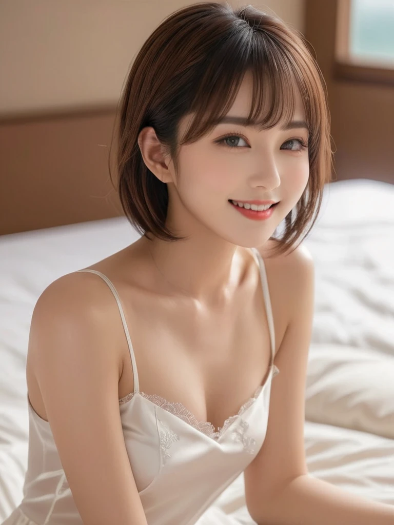 Masterpiece, High Quality, High Resolution, (Super Detail) ), (Wallpaper), ((Face) Detail),masterpiece, One woman per photo, Full Body Shot,Underarm、 Composition looking down at the subject from above, Young and beautiful woman in Japan, Smiling super cute face, short hair, She is wearing a sleeveless white silk satin chemise with white lace.,White panties、 Small breasts、skinny、Glossy Lips, Attractive person, She is lying on her back on a silk bed with her legs spread apart, Silk pillow, Silk bed sheets, Double eyelids on both eyes, Natural Makeup, Long eyelashes, Shiny and smooth light brown hair, Asymmetrical bangs, Fair skin, Center image, 8K resolution, High detail, Detailed hairstyle, Detailed face, Spectacular movie lighting, Vibrant, Ultra-realistic, Perfect limbs, Perfect Anatomy,Beautiful teeth alignment
