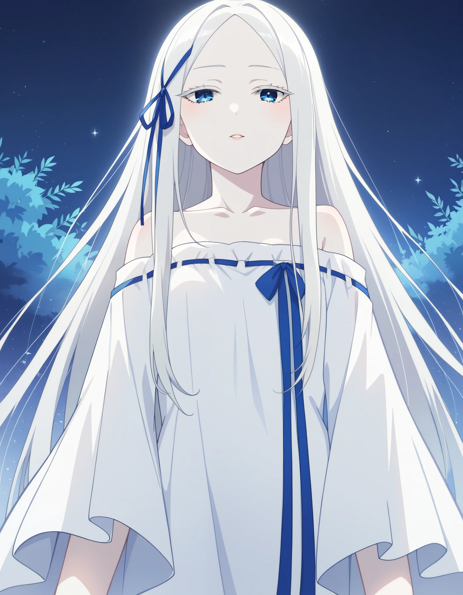 score_9, score_8_up, score_7_up, source_anime, 1girl, prefect lighting, very aesthetic, intricate details, highly detailed background, masterpiece, high quality, prefect hands, best quality, solo,
KJOpandora, white hair, blue eyes, parted bangs, Long eyelashes, very long hair, hair ribbon, half-closed eyes, pale skin, 
white dress, off shoulder, 
looking at viewer, from below,
outdoors,  night,
(Beautiful, small Breasts:1.2), natural breasts,