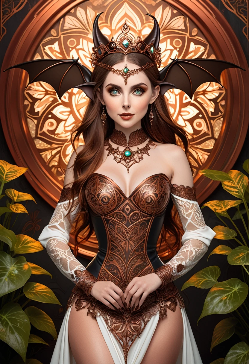 Steampunk inspired goblin princess. copper wire necklaces and bangles. Crown of fine copper wire. copper coloured tatoos cover her face and body intricate and beautiful designs. LArge bat ears. Hands on hips. Ember colored eyes adorned with intricate copper wireing. a pure white dress, hemmed with copper, covered in copper lace and filligree. silver designs cover the skirt in a kaleidoscope of intricate copper designs. Background is magical verdant forrest. Her visage is a mesmerizing blend of Arieal Winter & Alison Brie, creating a unique, symmetrical face that exudes elegance and grace. copper colores face tattoos. Copper colored arms, and chest tatoos. Cozy, romantic lighting. Cheerful smile. Copper hair that shimmers and sparkles in the lights. Hourglass figure. copper lips. dark copper eye shadow. Slim waist and wide hips.