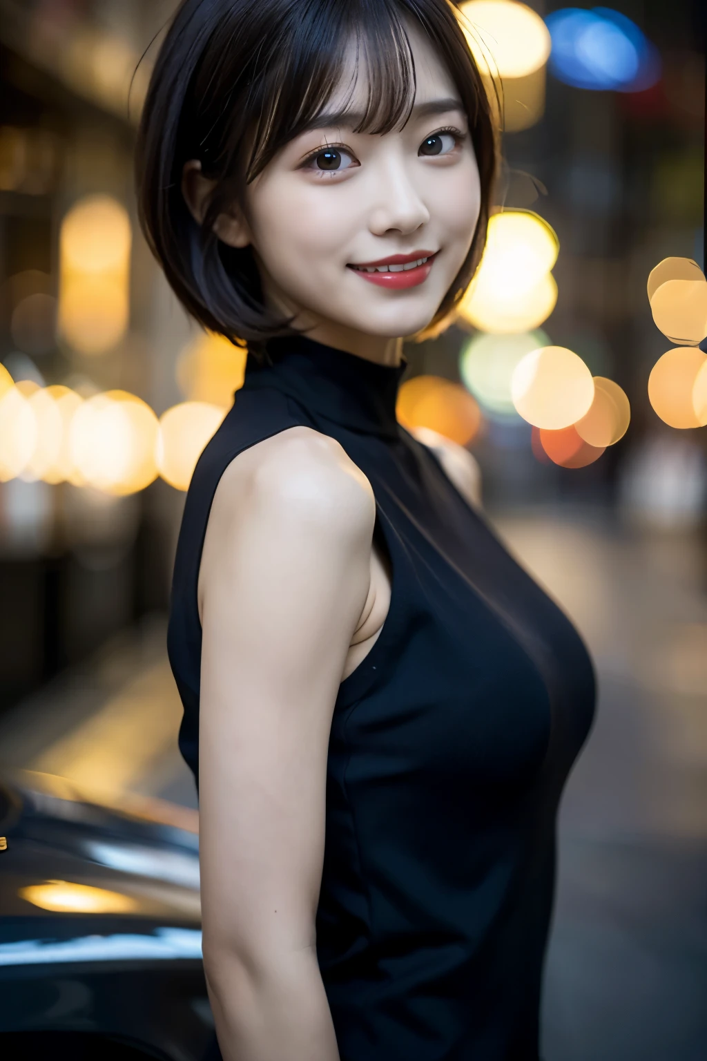 (Highest quality、8K、32k、Masseter muscle area、Hmph:1.2)、profile、(Slim figure:1.2)、(Lips) 、double eyelid、Glowing Skin、Realistic Layer、Beautiful Face、(smile:1.3)、(short hair:1.4)、Blurred Background、(Front Focus)、(dark: 1.6)、Fantasy art、Photorealistic、Professional Lighting、Highly detailed face、Award-winning、Deep Shadow、Summer beach、Seashell bikini