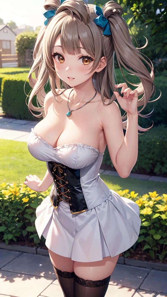 Minami ori, One side up, Hair Ribbon, masterpiece, top quality, high resolution, unity 8k wall paper, illustration, detailed eyes, extra detailed face, Highly detailed CG, glossy lips, light makeup, standing, necklace, (garden), strapless corset, thigh highs