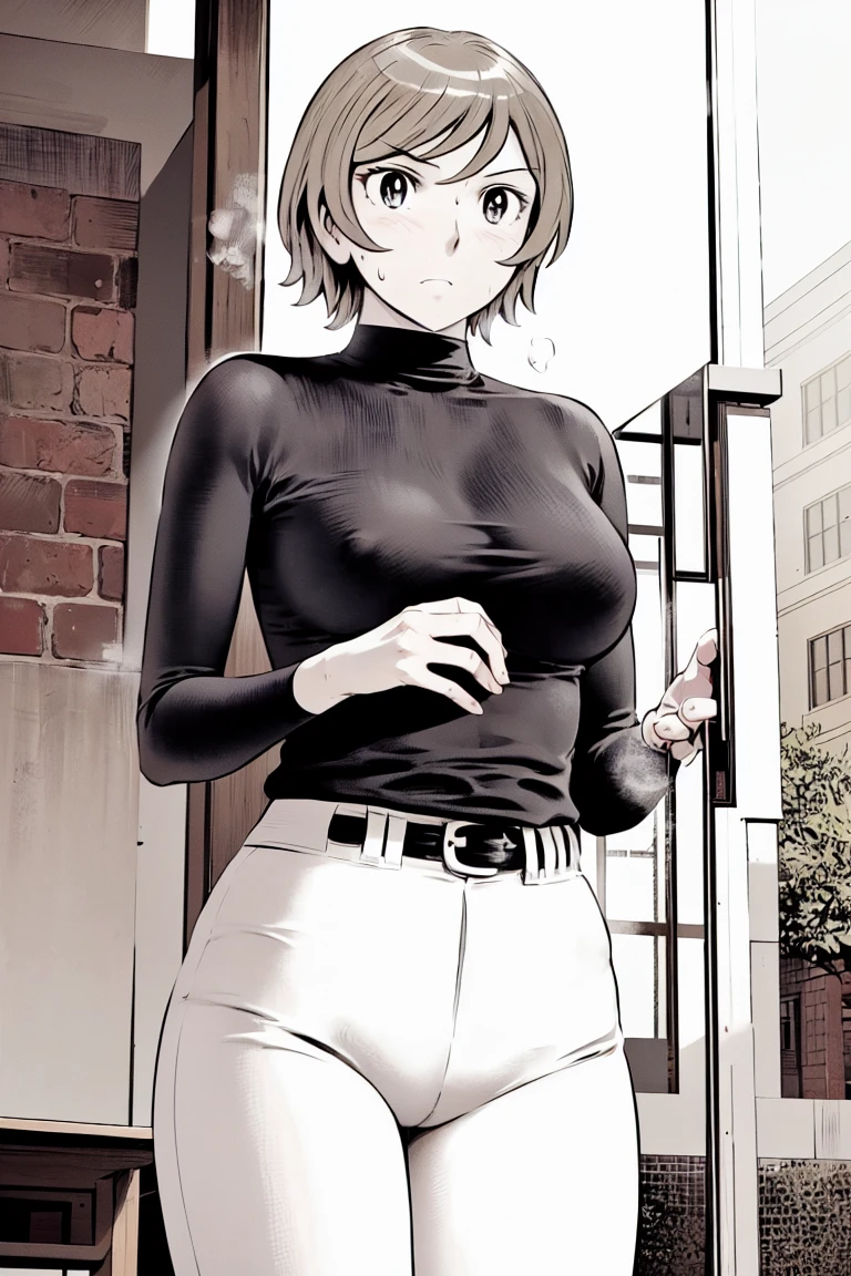 (野球uniform:1.2),
blonde, (short hair:1.2),Long sleeve, Black Shirt, turtleneck,White trousers、uniform、Black belt、((Illustration of people))、big 、Covered in mud、Soil stains、ドロドロのuniform、
View your viewers,, (Highest quality:1.3),One Girl, White pants、uniform、Outdoor、baseball ground、ground、soil、blue eyes、Tight black shirt、(masterpiece、Highest quality)、Highest quality, Ultra-high resolution, (((masterpiece))), alone, Sweat、big eyes、big Breasts、Torn clothes、 Fully exposed、Nipples、One Girl, Front view、Embarrassed face、Bronze colored hair、((short hair))、Stand up straight、Cowboy Shot