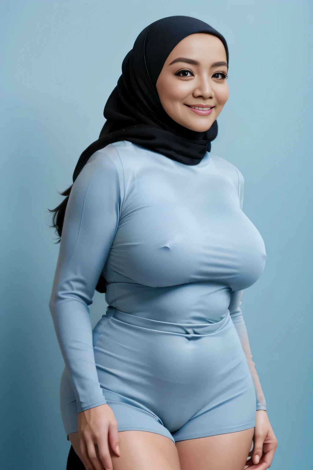 Malay girl in hijab naked, Big , Hairy Pussy, leg spreading, portrait photography, mid shot photo, ultra detail, professional photograph with professional lighting, smile, light blue studio background, sexy seducing pose, curvy, Hairy armpit, sweat staint