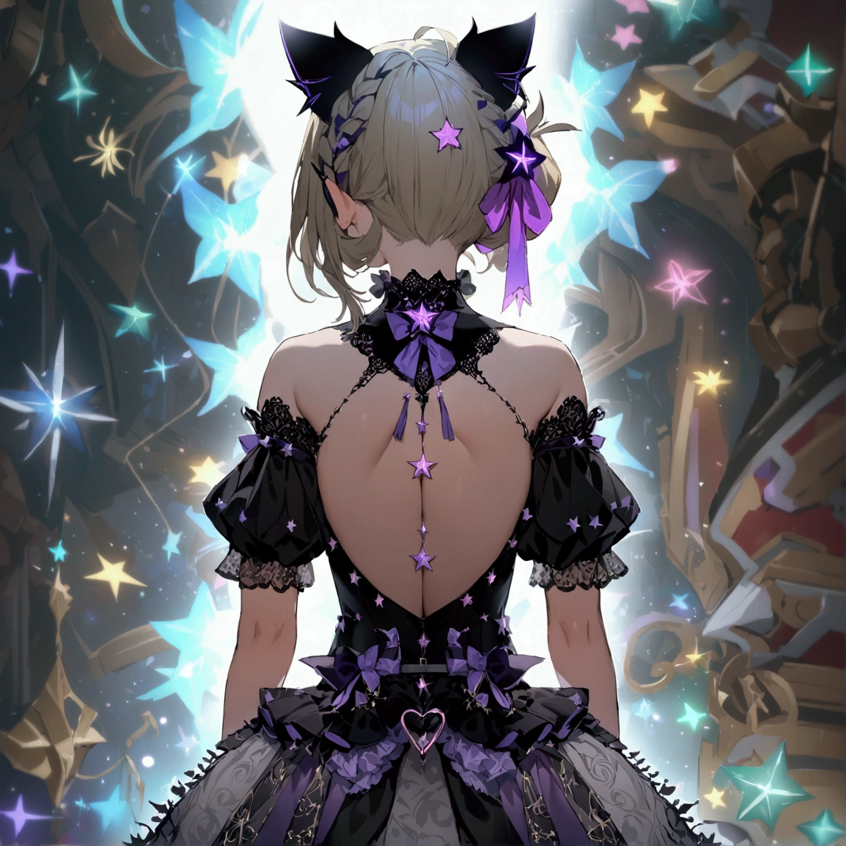 Woman 170cm tall, big chest, wide hip. (character design sheet: Full body front view). (blonde hair, hip length curly wavy hair, It's set in big side bangs., She has a short double braid tied with an elegant purple bow on the left side of her hair above her chest. She has a short double braid tied with an elegant purple bow on the right side of her hair above her chest. She has small ribbons in the back of her hair.). Gray eyes with a purple 4-pointed star in the pupil. Two black and purple serval ears located on the top of the head. Luminous black halo with purple star patterns above his head. black necklace with a heart emblem on the neck. (Elegant one-piece long dress with lace and ruffle skirt, ribbon decorations and star patterns on the dress). black gloves, beautiful black platform heels. gray belt at the waist with a large ribbon with a luminous pink heart in the middle. He has a complex demon tail with a small purple star on the tip.. (It has complex mechanical legs that reach up to the thighs and are black with small purple details.). beautiful detailed hair, beautiful detailed dress. extremely detailed arms. extremely detailed face, small face, Beautiful detailed eyes, beautiful detailed lips. adorable. extremely detailed legs. (Best Quality, 4k, 8k, high resolution), ultra detailed, Exquisite and epic character art.