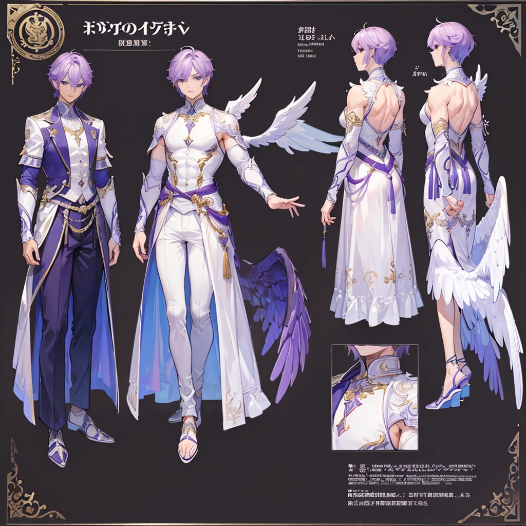 (Masterpiece, best quality), detailed, 1 man, ((character concept art)), ((character design sheet, same character, front, side, back)), full body, body complete, 1 Male angel, 1 Man angel, Detailed face, character design sheet,full bodyesbian, Highly detailed, character sheet, character design, Many parts, dark skin, angel wings, short purple hair, angel outfit, muscle male god, male clothes, masculine, muscle man, male muscle, manly, male angel, Muscle male with short purple hair,beautiful man, beautiful muscle man