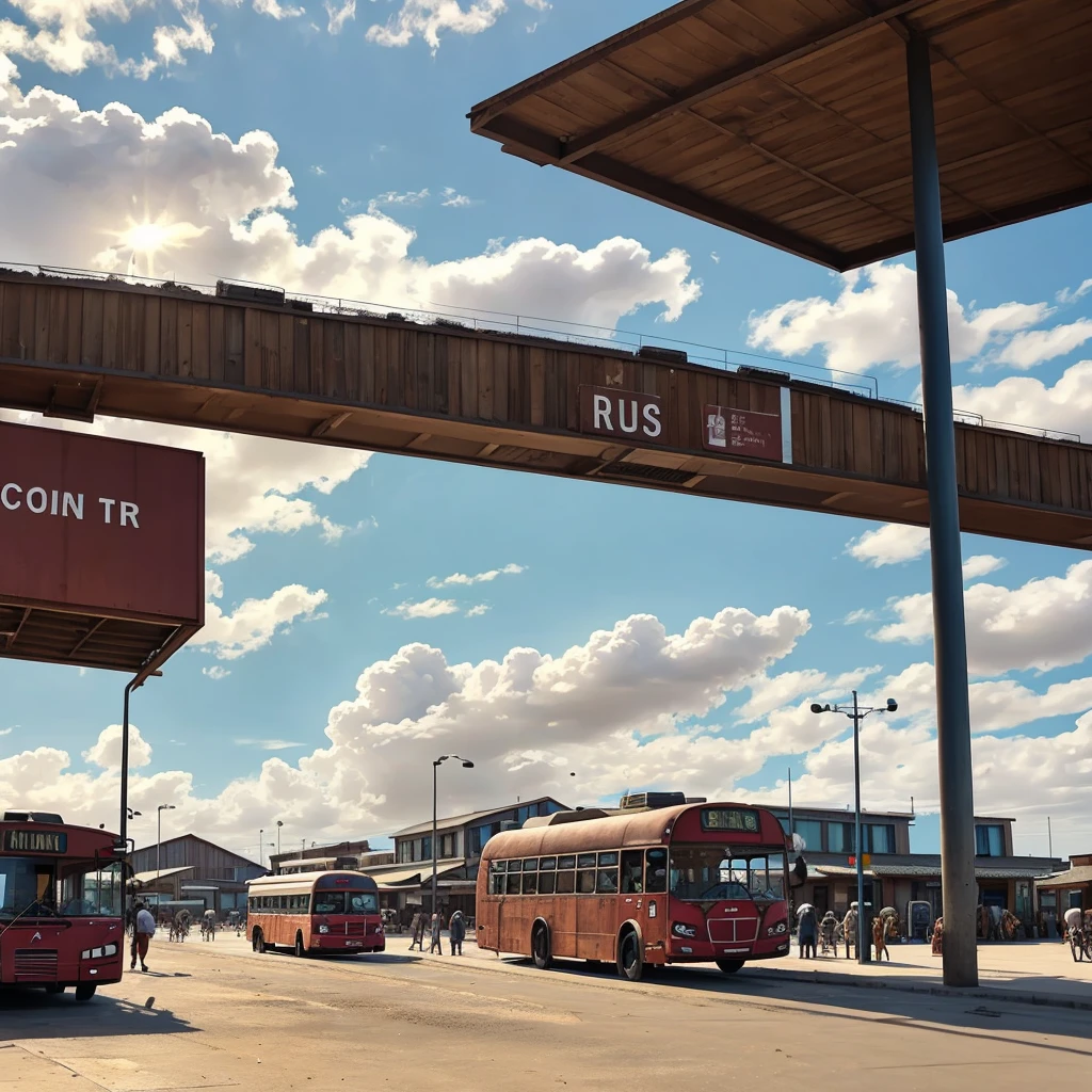 A rustic bus parked at a makeshift bus station, raising clouds of dust around, while passengers disembark with their luggage.