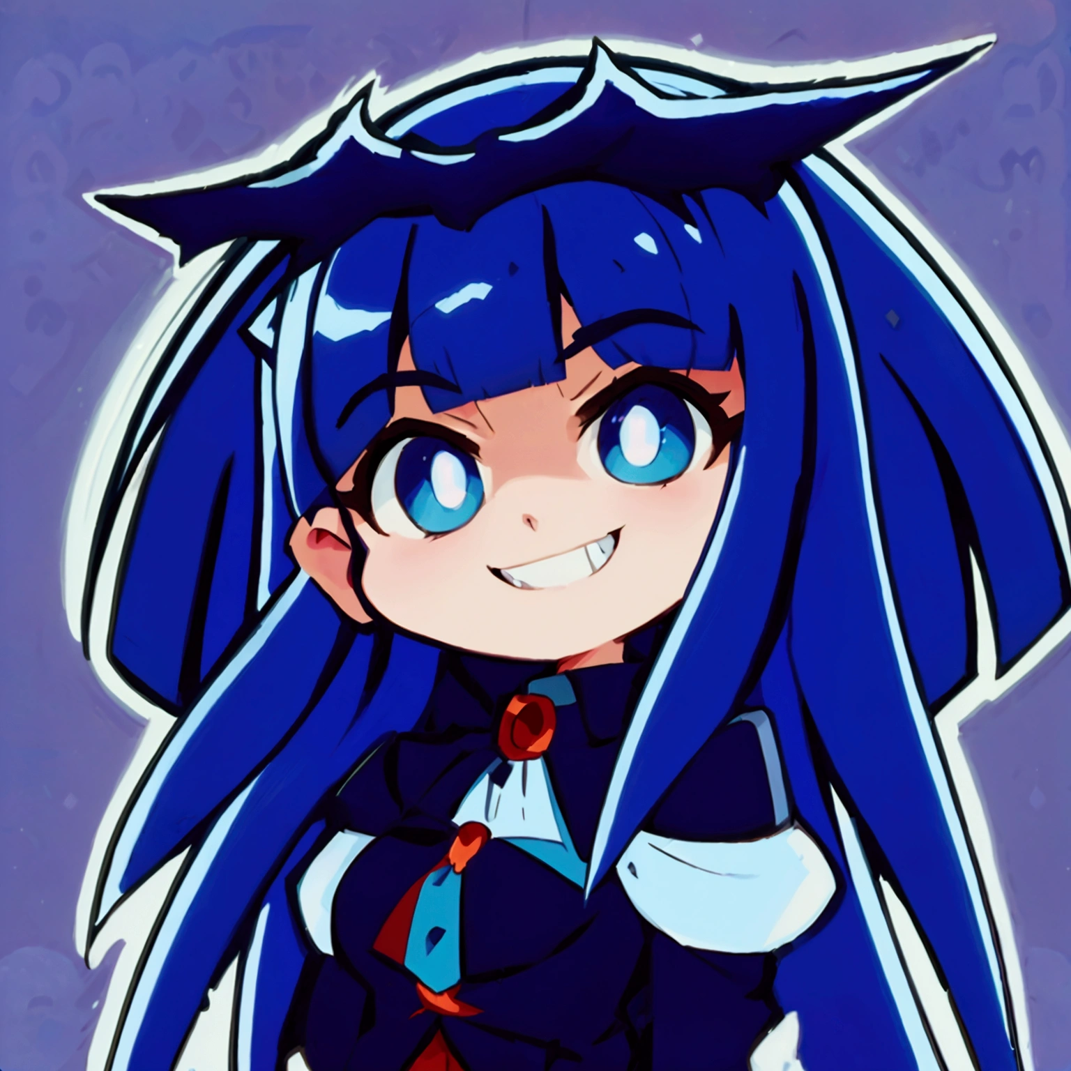 Close-up of a cartoon character with blue hair and blue outfit, anime moe artstyle, 2D anime style, [[[[grinning evilly]]]], , cel - shaded art style, I&#39;ll do fanart too, nasty grin, hero 2d fanart art, chibi, vampire