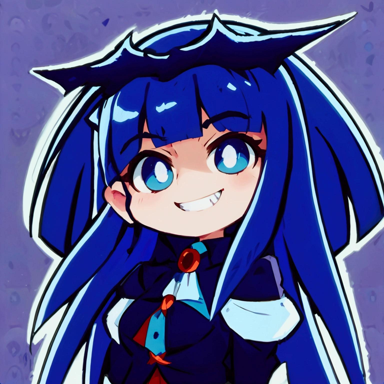 Close-up of a cartoon character with blue hair and blue outfit, anime moe artstyle, 2D anime style, [[[[grinning evilly]]]], , cel - shaded art style, I&#39;ll do fanart too, nasty grin, hero 2d fanart art, chibi, vampire