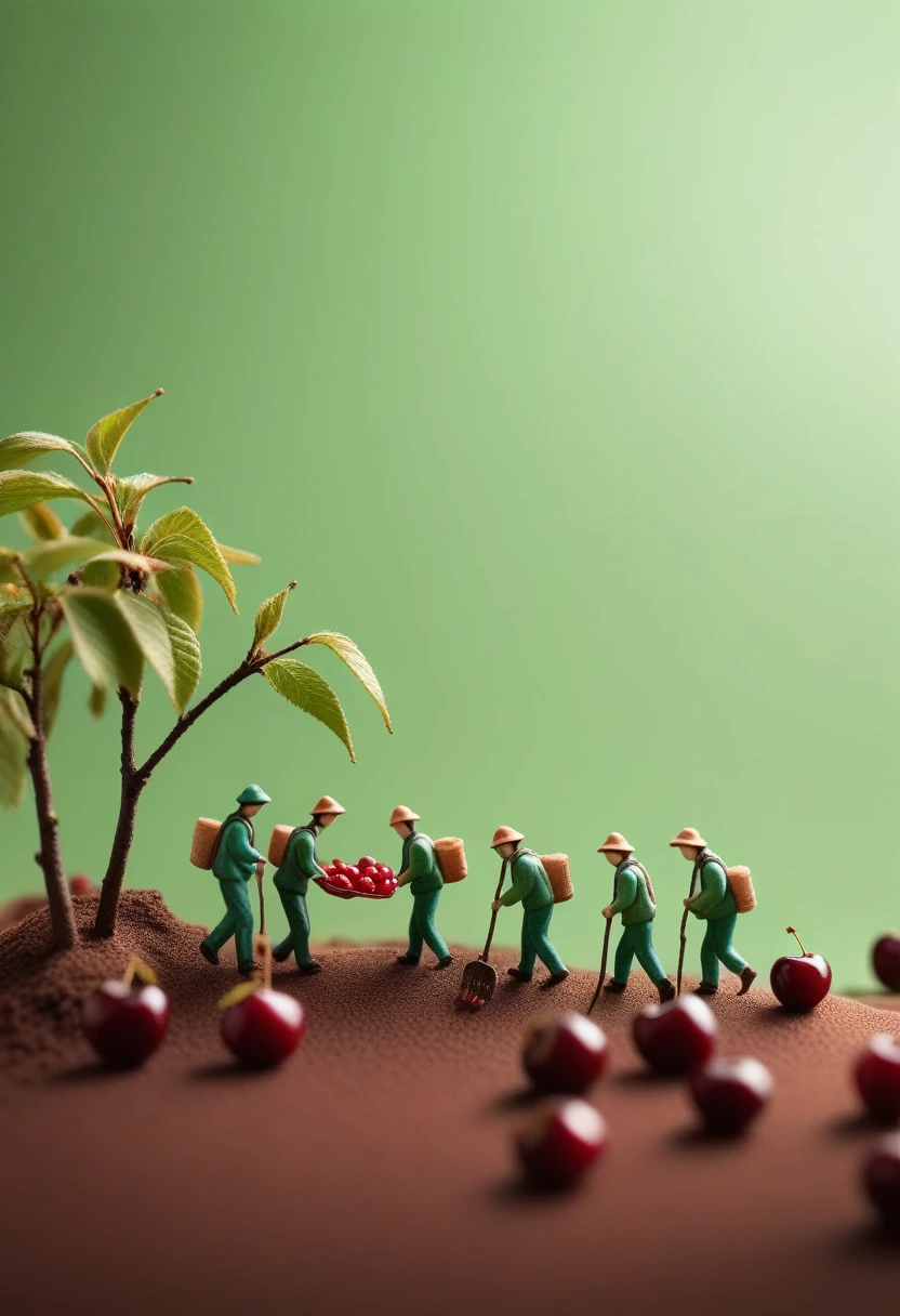 miniature food photography, A group of picking workers, hiking among giant cherry,brown background, soft color blending,in a surreal photography style, bright studio light, minimalist , brown and green color