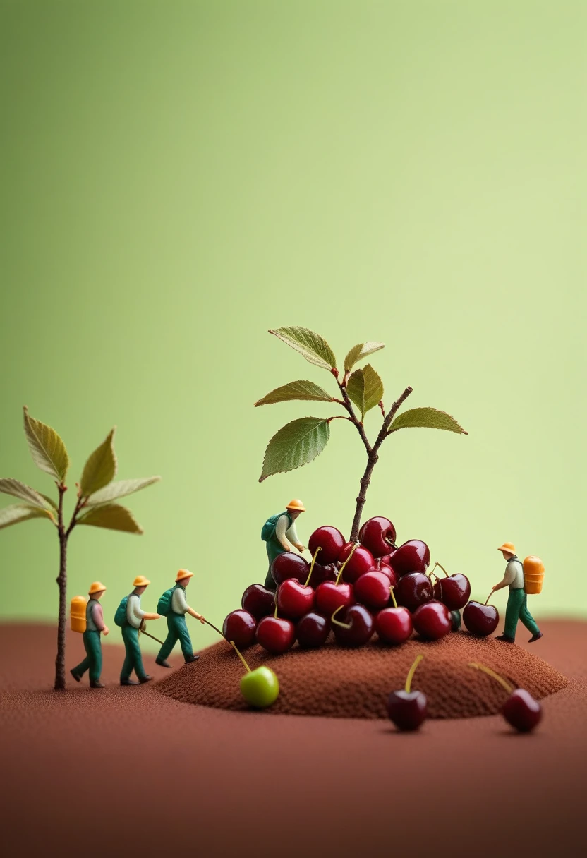 miniature food photography, A group of picking workers, hiking among giant cherry,brown background, soft color blending,in a surreal photography style, bright studio light, minimalist , brown and green color