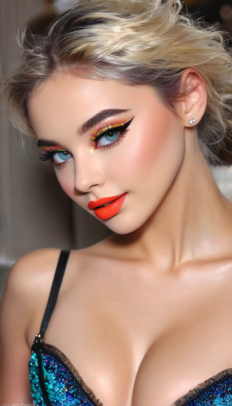 (best quality,ultra-detailed,photorealistic:1.37), vivid colors, beautiful detailed eyes, beautiful detailed lips, long eyelashes, charming smile, flawless skin, trendy hairstyle, Nail polish with bright colors, daintily contoured cheeks , rainbow eyeshadow, striking cat-eye eyeliner, intense satin finish lipstick, sexy expressions, , sleek-and-sexy outfit, high heels, exquisite details in every outfit, prominent presence in Hollywood, stylish accessories, tight corset like clothing with long side splits, (BREASTS CAN NOT BE VIEWED BY VIEWER), teenager, at a Hollywood event , MEDIUM breasts, gymnast body,