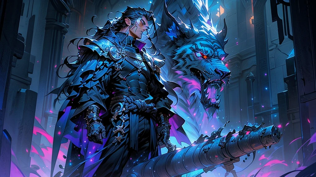 In a fantasy world under a nebula-filled night sky, a rugged anime character with a muscular build, spiky black hair, and a large sword stands stoically. Clad in dark armor with a long cape flowing behind, they gaze out into the starlit horizon.