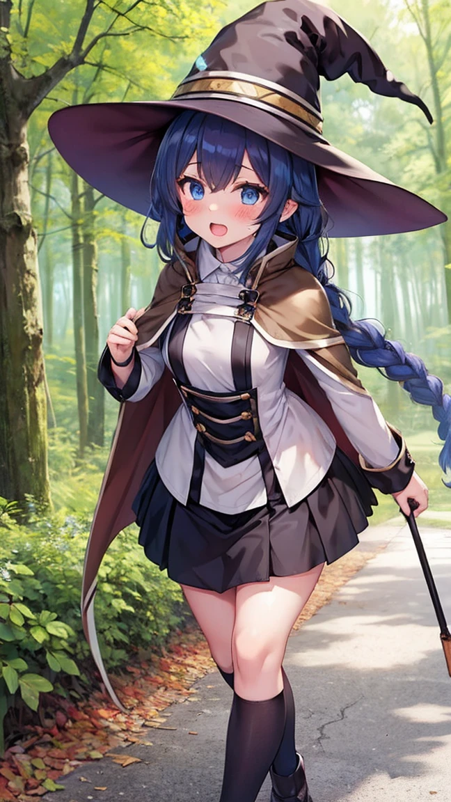 best quality,(***********,****),curvy,orgasm,blush,(roxy migurdia), blue eyes, blue hair, bangs, brown cape, witch hat, braid,((walking1.3)),forest,forest林