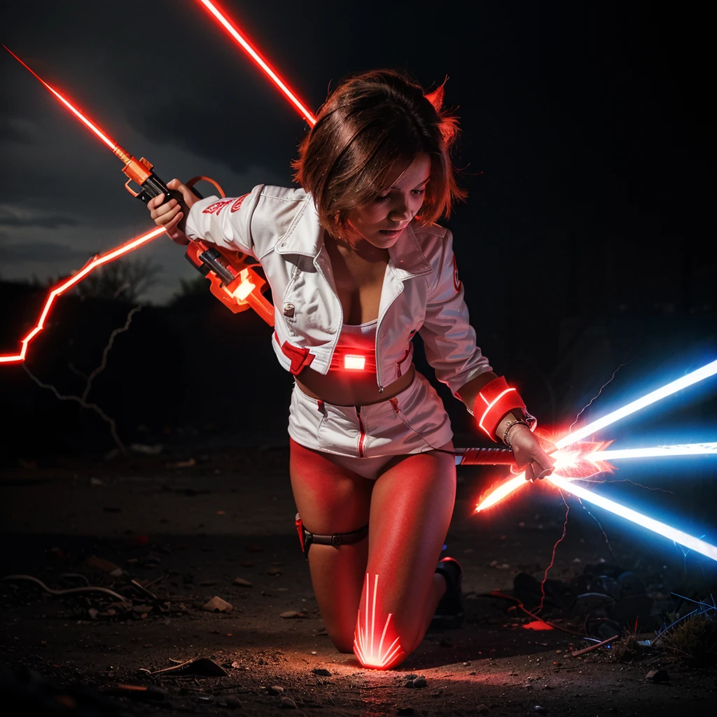 You are here (weapon) bright electric red color with a white electric outline and lightning effects around