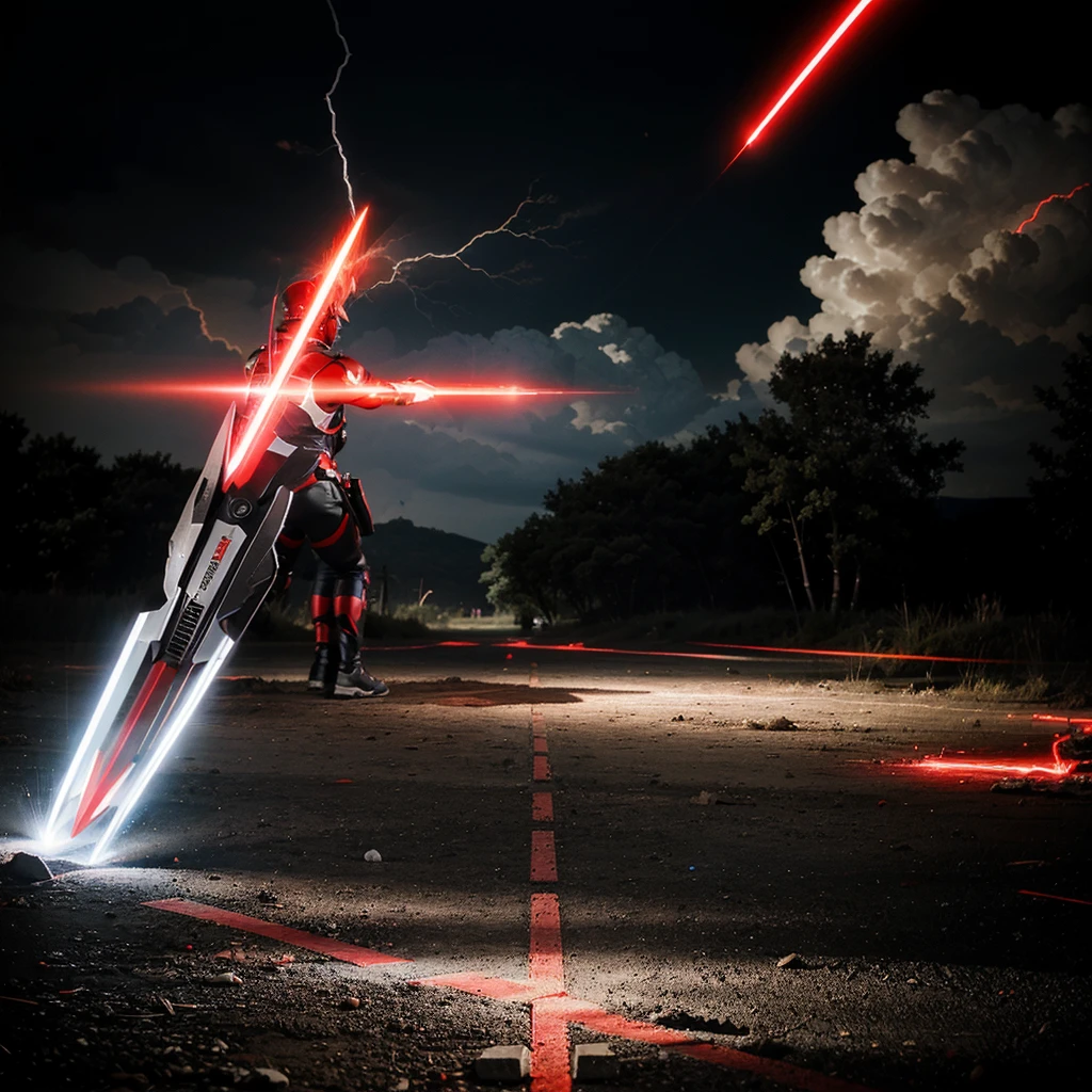 You are here (weapon) bright electric red color with a white electric outline and lightning effects around