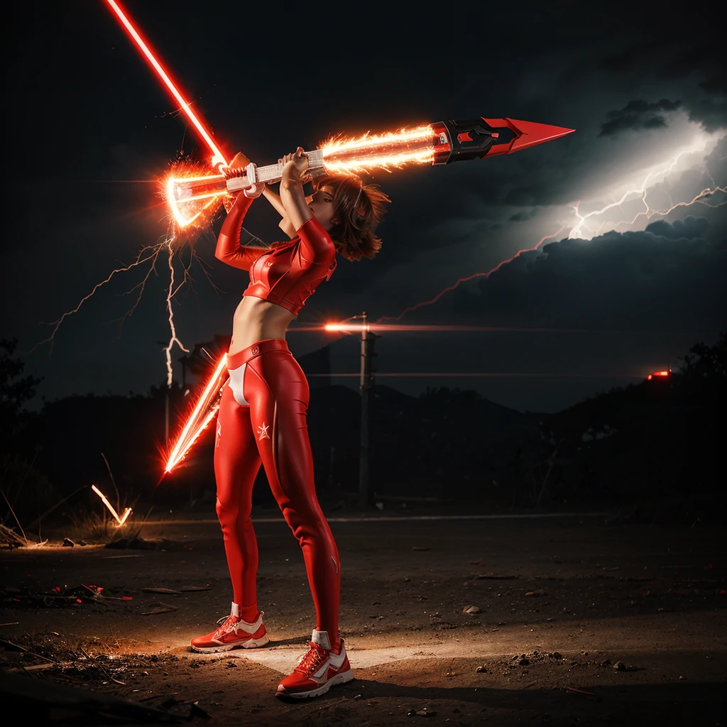 You are here (weapon) bright electric red color with a white electric outline and lightning effects around