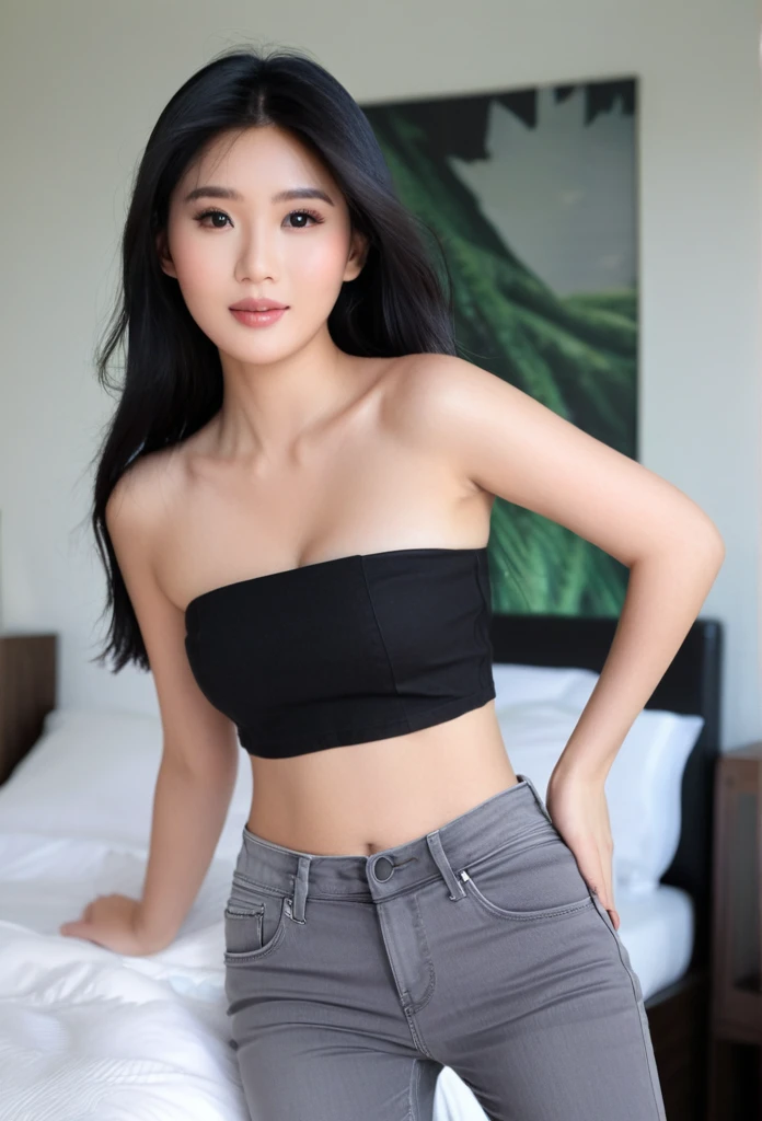 close-up of beautiful Indonesian-Chinese, Rachel Florencia is a Indonesian-Chinese internet personality and model, age 24 years old girl, youthful face, white skin body, perfect body, very rapunzel long hair, standard black hair, straight hair, bust size 34 inches, wearing a tight plain standard dark black strapless tube top, wearing a tight plain standard neutral grey denim pants, Florencia's clothes were cut off by my boyfriend using scissors from the tank top to the tube top to make Florencia sigh and tease, strand by strand Florencia's clothes fell because they had been cut, the rest of Florencia's clothes were scattered at the bottom because they had been cut, Florencia's clothes showed off her breasts because they were cut off by my boyfriend so that they looked more sexy and seductive, sexy looking pose, pose a naughty look, at a boyfriend bedroom, boyfriend bedroom background, UHD