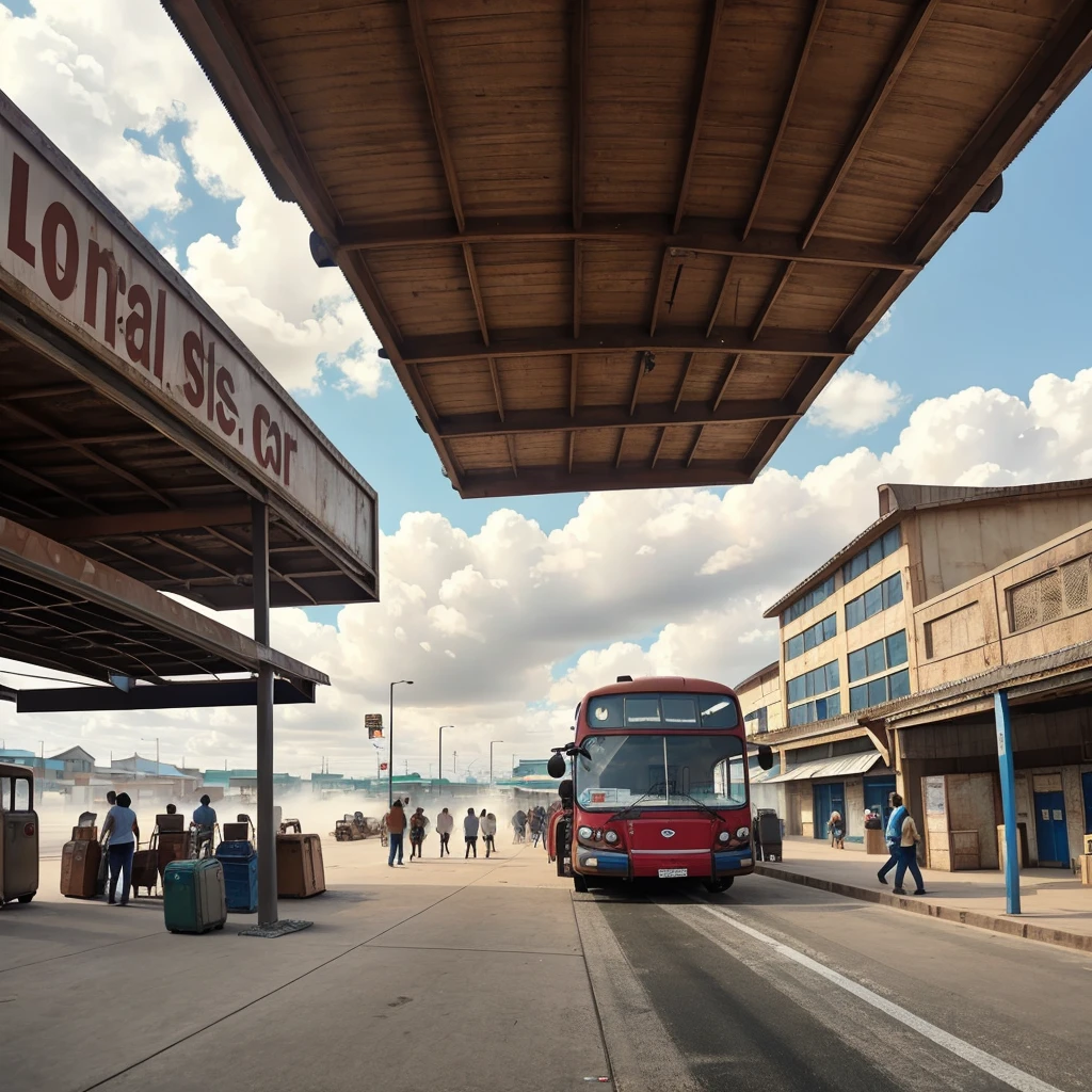 A rustic bus parked at a makeshift bus station, raising clouds of dust around, while passengers disembark with their luggage.