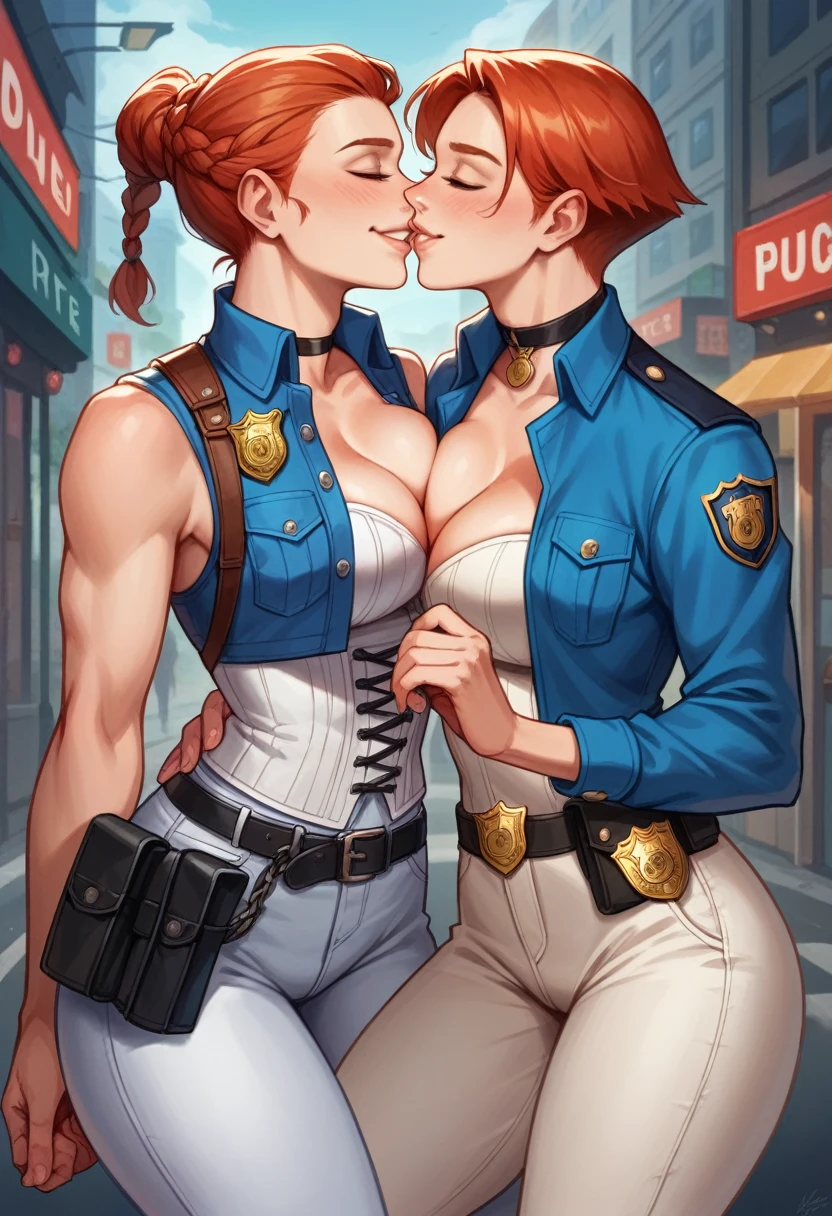 Two female cops, kissing, lewd, cleavage, ample chest, hips, red hair, hair pulled, submissive, torn clothes, on knees, butt