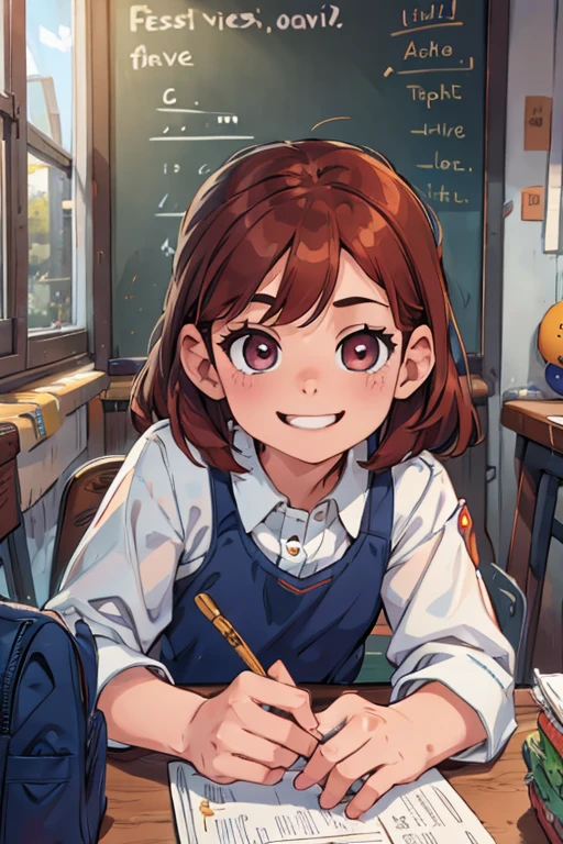 One girl. Perfect face. Perfect hands. A copper haired girl with copper eyes wearing a navy uniform is eating lunch at a school desk with a big smile