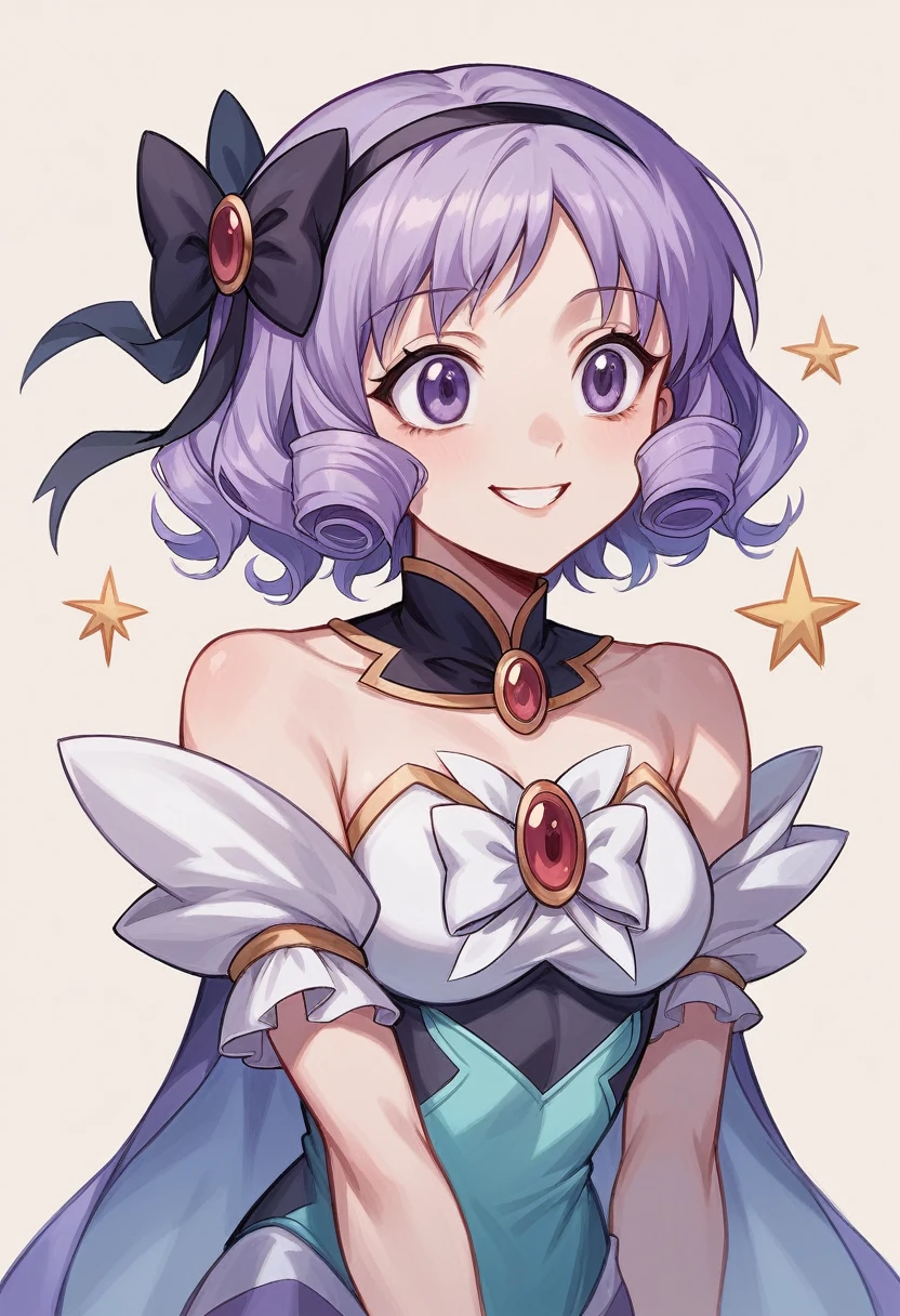 ((work of art)), (best qualityer),, offcial art, , short hair with curly bangs, curls, smiling, fly away, glad, pretty, bow, Caucasian skin, skin fair, adolescent, magica, mystical, magical world, bts, Bangtan, galaxy, spots on the face, little Princess, magica, light purple.