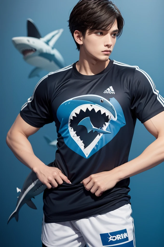 A blue and black vom sports shirt, with a shark symbol