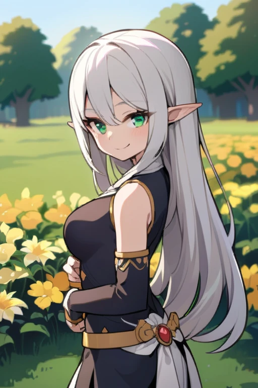 White elf girl, green eyes. good quality, smiling.
stands exactly in the middle, posing