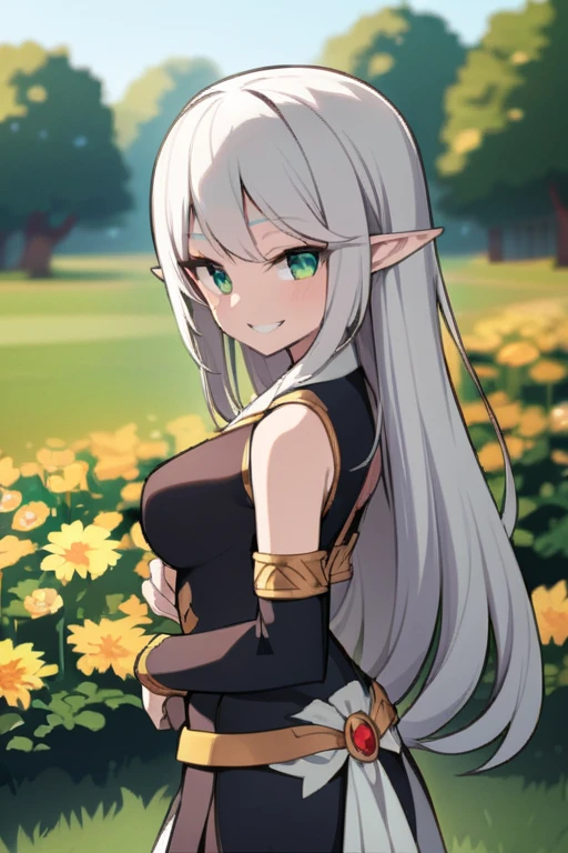 White elf girl, green eyes. good quality, smiling. 
stands exactly in the middle, posing