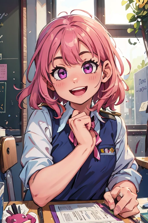 One girl. Perfect face. Perfect hands. A pink haired girl with violet eyes wearing a navy uniform is eating lunch at a school desk with a big smile