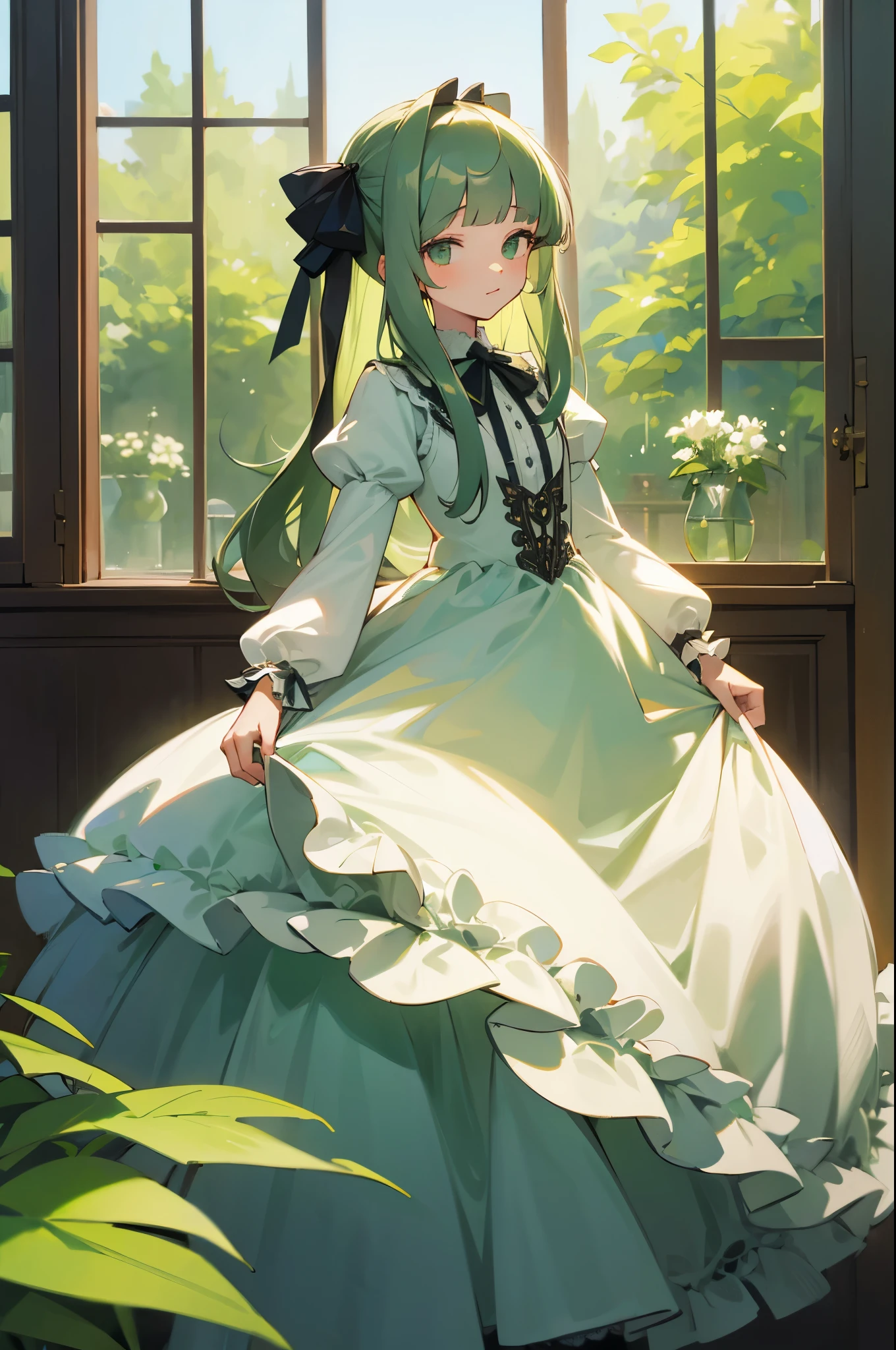 (masterpiece, Highest quality),One girl,(skinny:1.2),Outdoor,garden, window, Long Hair, Blunt bangs, Green and White dress,Hair Ribbon,Frill dress