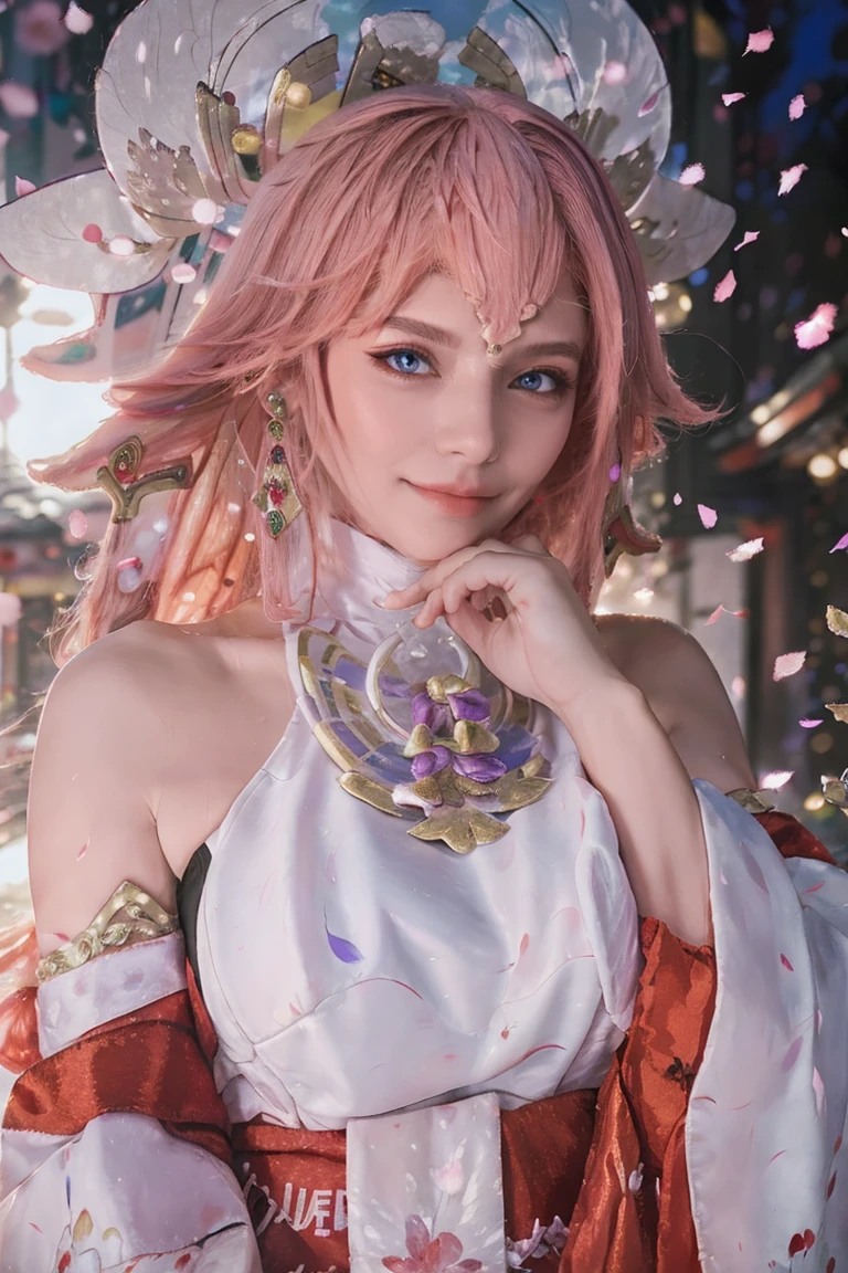 kpop idol, yae miko, detached sleeves, bare shoulders, pink hair, long hair, japanese clothes, best quality, (painting:1.5), (hair ornament:1.35), jewelry, purple eyes, earrings, (big round breasts, large breasts: 1.2), torii, cherry blossoms, lantern light, depth of field face focus, ribbon_trim, (looking at viewer:1.25), nontraditional miko, shiny skin, long sleeves, A veil covering the mouth, east asian architecture, (blurry background:1.2), sitting, upper body,((ultra high res, 8k, RAW photo, best quality, masterpiece:1.47746,realistic:1.4, photo-realistic:1.4,cinematic lighting:1,intricate details:1,raw photo:1))(((ultra-detailed:1.47746))),professional lighting,((physically-based rendering:1)), ((ruddy skin:1,sweat))lens flare,ray tracing ,(extremely detailed face, beautiful detailed eyes,expressive hair:1.5,shiny hair;1)cinematic lighting,(vivid expression) (body muscle:1) solo(1girl:1.5)((smiling:1),(plump figure:1,blance body:1)(realistic hand,realistic clothes)